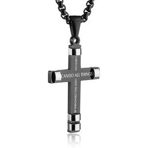Black Philippians 4:13 Cross Pendant STRENGTH Bible Verse Steel Necklace